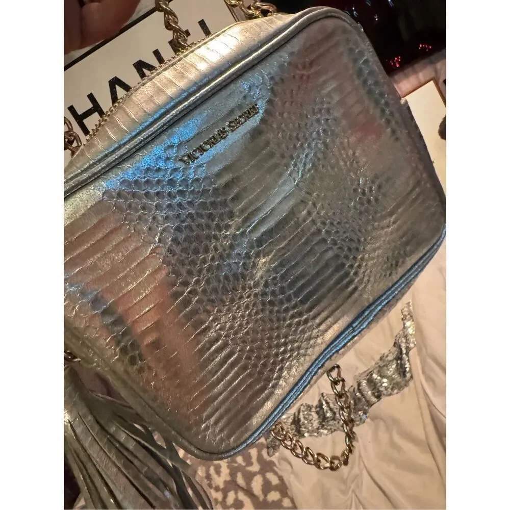 VS Victoria’s Secret zip top silver snakeskin metallic crossbody w tassel bag ch